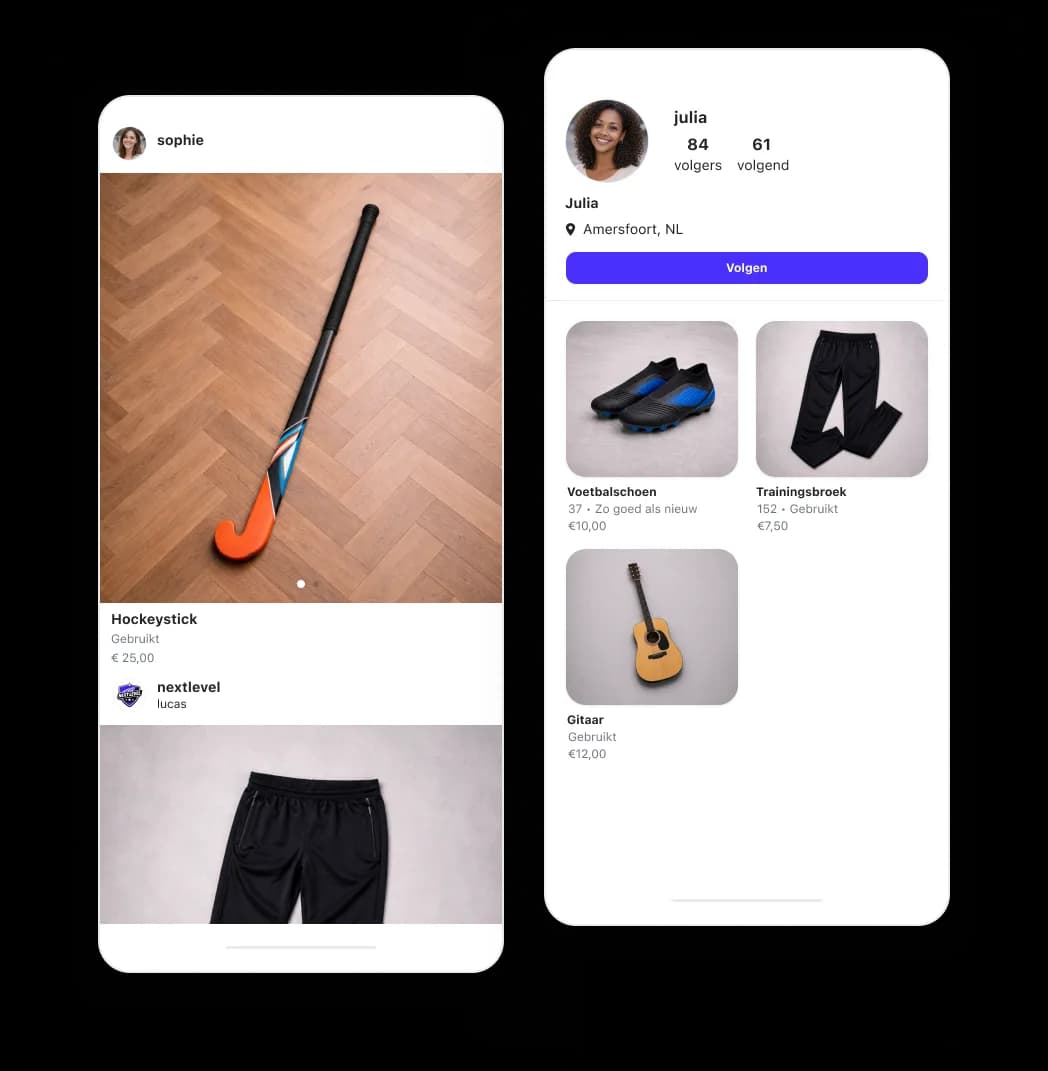 Feed met tweedehands artikelen en lokale handelsplaats.